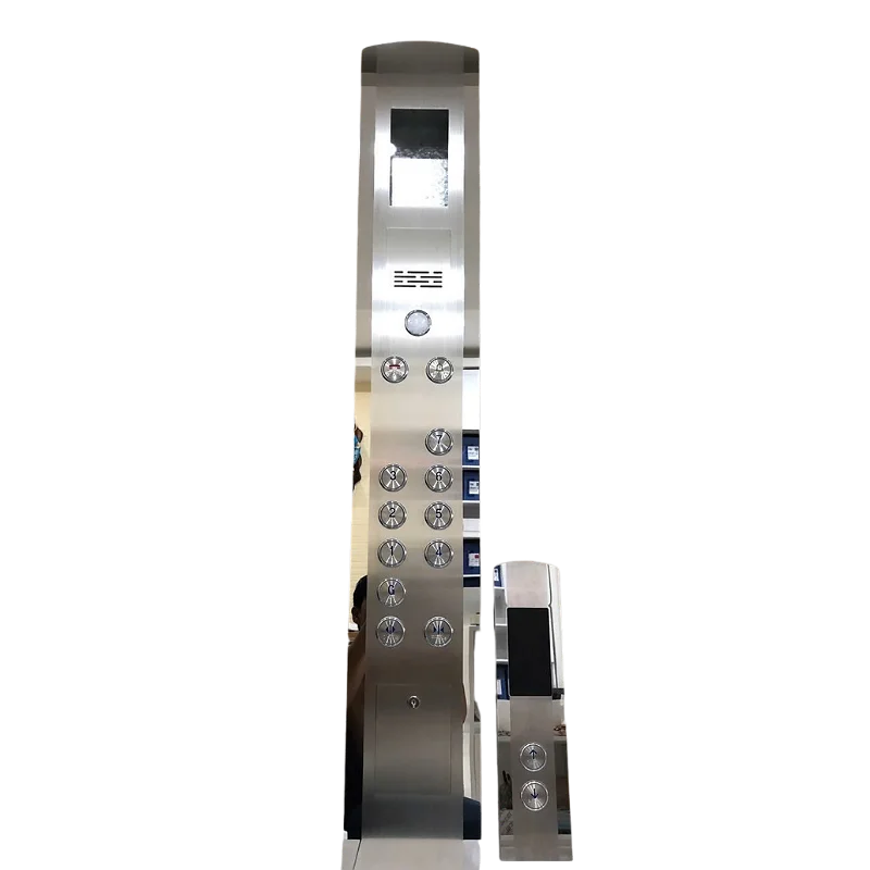 Mặt gọi cabin + tầng 010 - Inox trắng, viền gương, đế âm, ánh sáng đỏ